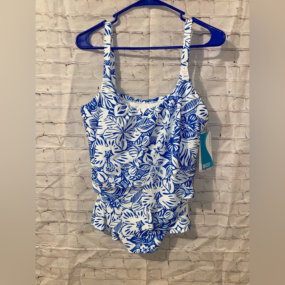 Coco Reef Blue and White Floral Tank One-Piece Swimsuit
